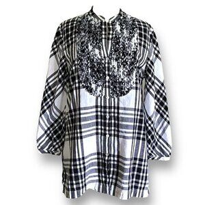 Paperwhite Womens Linen Tunic Blouse Sz 12 Black White Plaid Tuxedo Ruffle Top